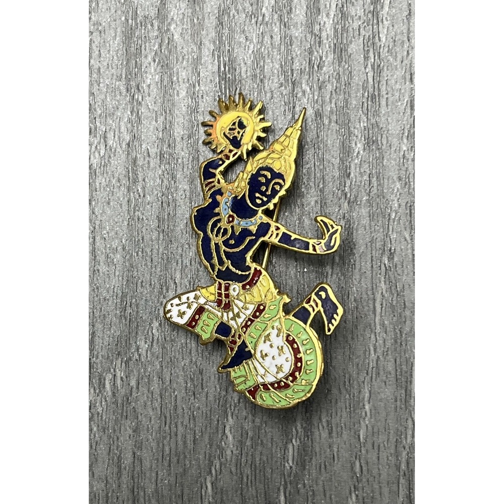 Vintage Thailand Thai Dancer Deity Gold Tone Enamel Pin Brooch Collectible READ